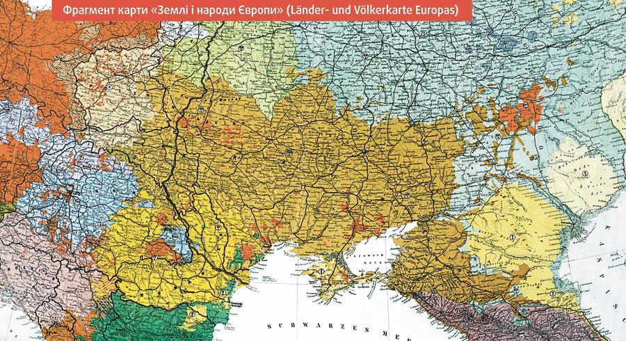 Карта видана в Берліні 1917 року. Територію, де переважають українці, тут показано аж до Кавказу. Очевидним є переважання українського населення над російським у Донецькій та Луганській областях